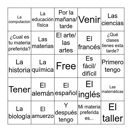 Talking about clases  Bingo Card