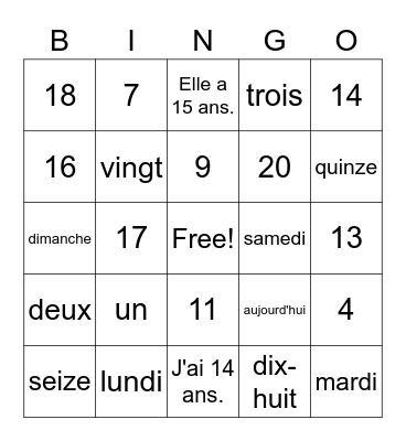 Nombres 1-20 & l'âge, les dates Bingo Card