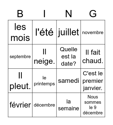 Le calendrier en français Bingo Card