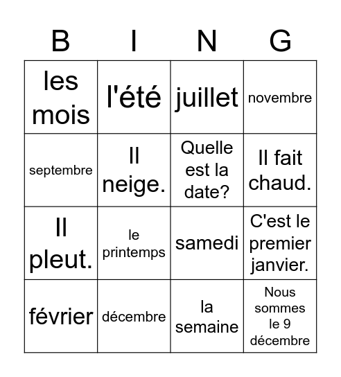 Le calendrier en français Bingo Card