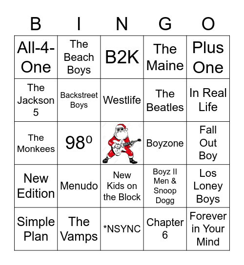 Boy Band Xmas Bingo Card