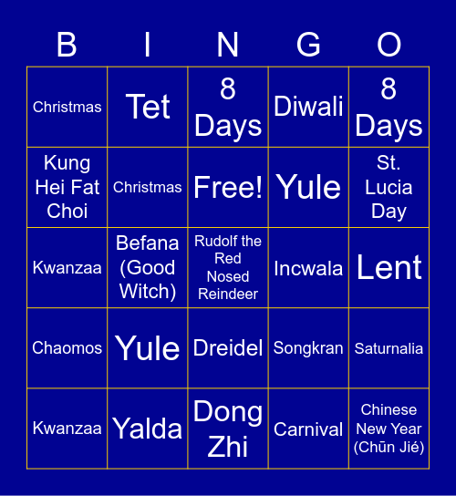 International Holiday Test Bingo Card