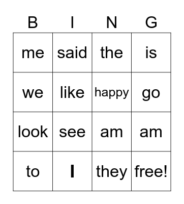 Sight Words Bingo Card