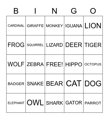 ANIMAL Bingo Card