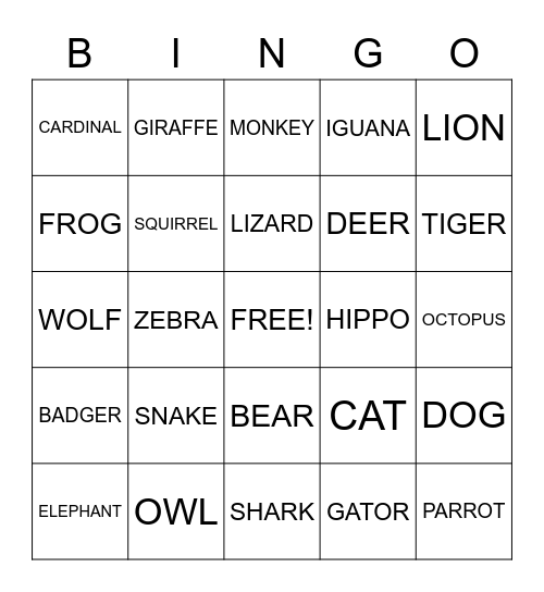 ANIMAL Bingo Card
