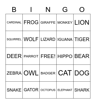 ANIMAL Bingo Card