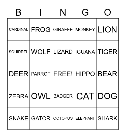 ANIMAL Bingo Card