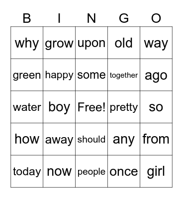 Block 3 HFWs 1st Bingo Card
