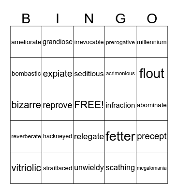 Vocabulary Level F  Bingo Card