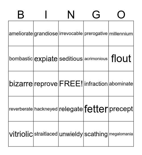 Vocabulary Level F  Bingo Card