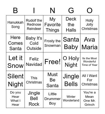 Holiday Songs Bingo Card