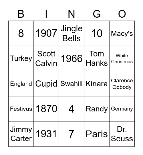 Holiday Trivia Bingo Card