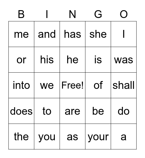 Sight Word Bingo Card