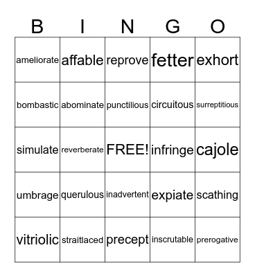 Vocabulary Level F  Bingo Card