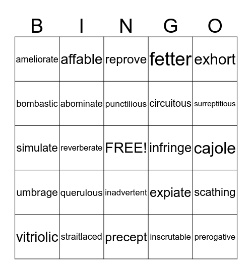 Vocabulary Level F  Bingo Card