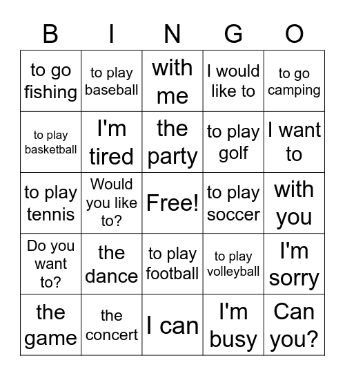 Sports, Events, Invites Bingo Card