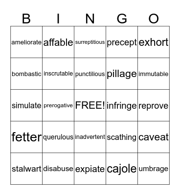 Vocabulary Level F  Bingo Card