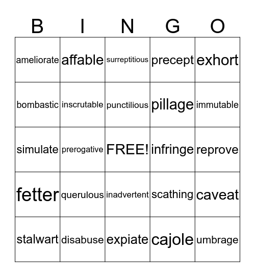 Vocabulary Level F  Bingo Card