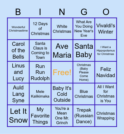 HI Holiday Song Bingo Card