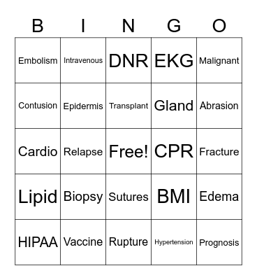 Medical Terms Bingo Card