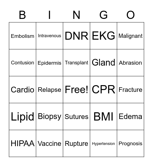 Medical Terms Bingo Card