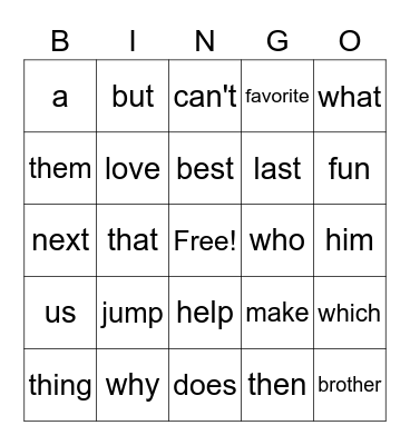 Sight Words Bingo Card