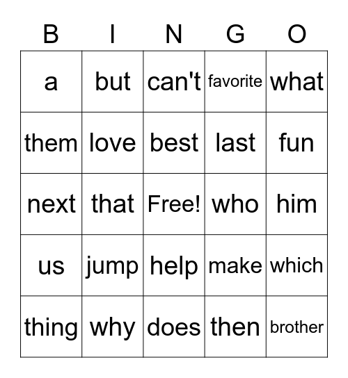 Sight Words Bingo Card