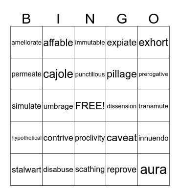 Vocabulary Level F  Bingo Card