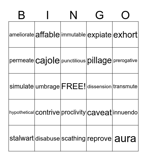 Vocabulary Level F  Bingo Card