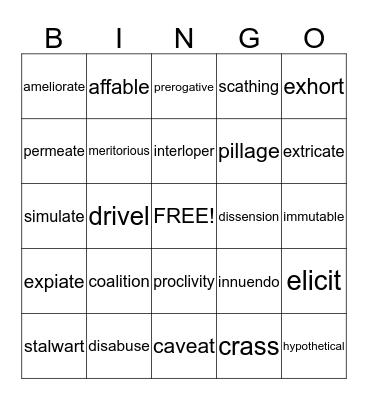 Vocabulary Level F  Bingo Card