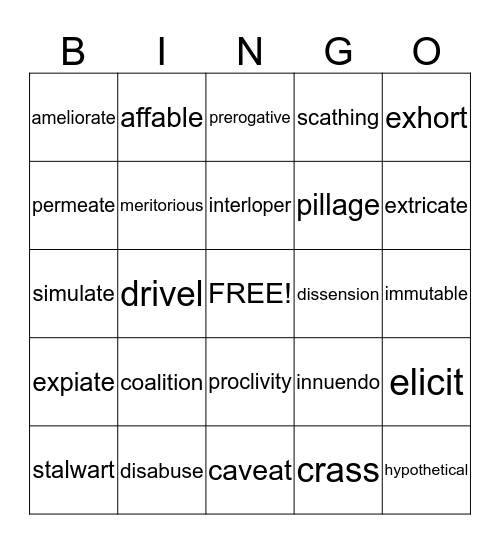 Vocabulary Level F  Bingo Card