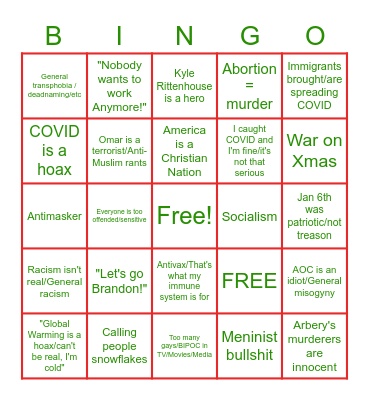 Xmas with your Conservative Family Bingo Card