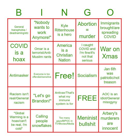 Xmas with your Conservative Family Bingo Card