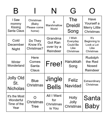 Holiday Song Bingo Card