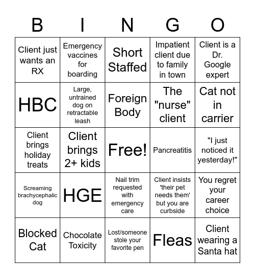 Holiday Veterinary Bingo! Bingo Card