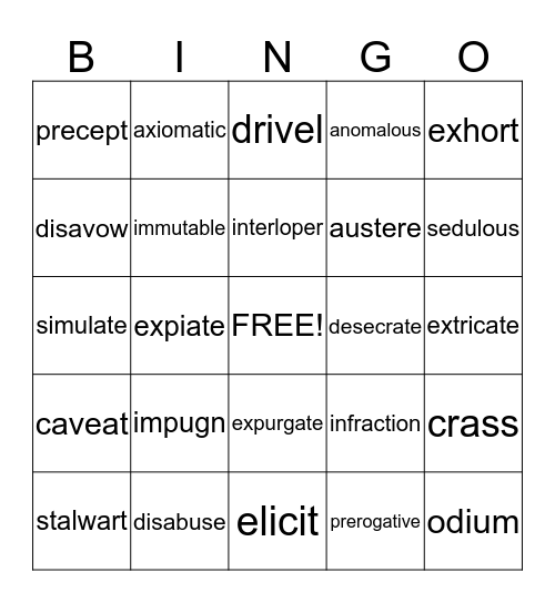 Vocabulary Level F  Bingo Card