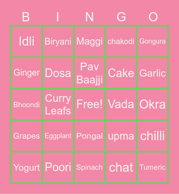 Indian Food - December Bingo Card