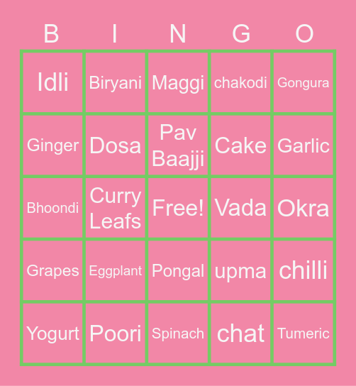 Indian Food - December Bingo Card