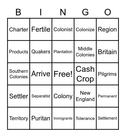13 Colonies Vocabulary Bingo Card