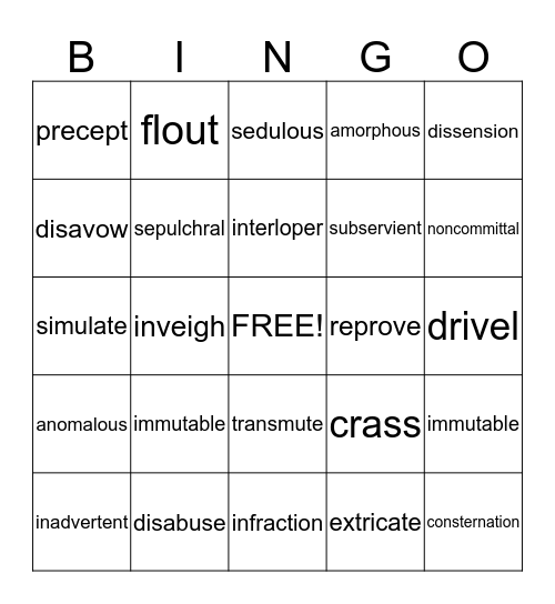 Vocabulary Level F  Bingo Card