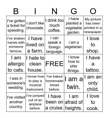 Getting To Know You Bingo Card