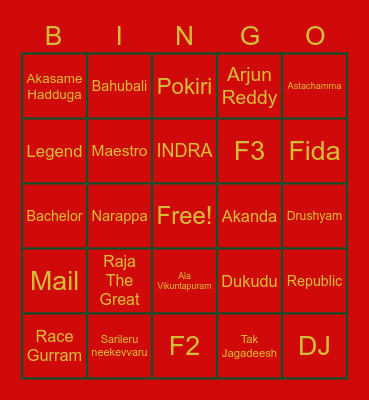 Telugu Indian Movies Bingo Card