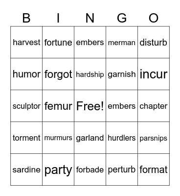 R-Controlled Bingo Card