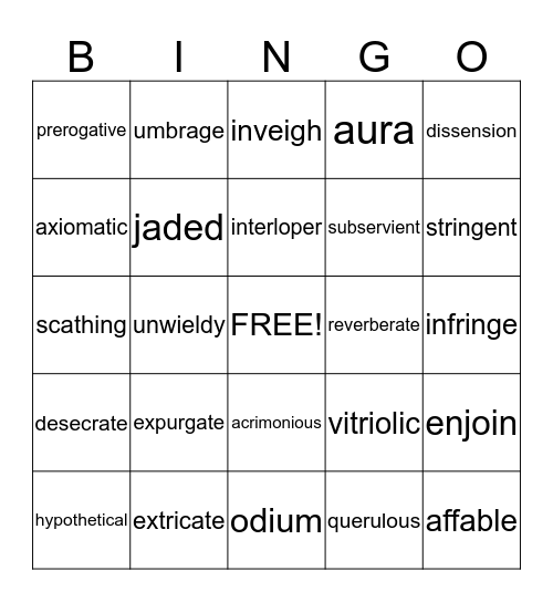 Vocabulary Level F  Bingo Card