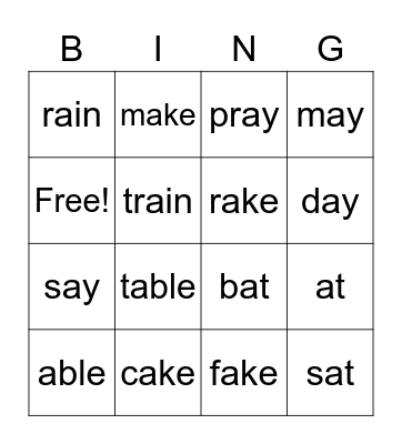 Long Vowel 'A' Bingo Card