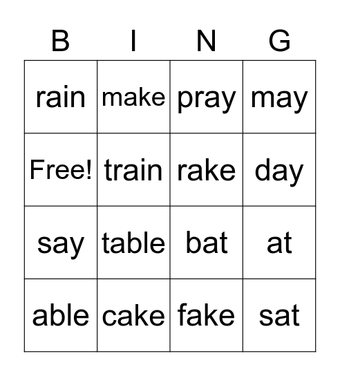Long Vowel 'A' Bingo Card