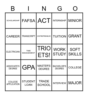 COLLEGE and CAREER Bingo Card