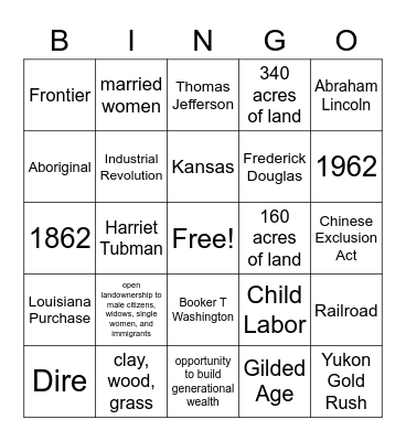 Homestead Act Bingo Card