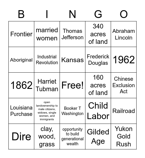 Homestead Act Bingo Card