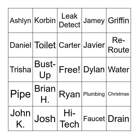 Hi-Tech Plumbing Christmas Bingo Card